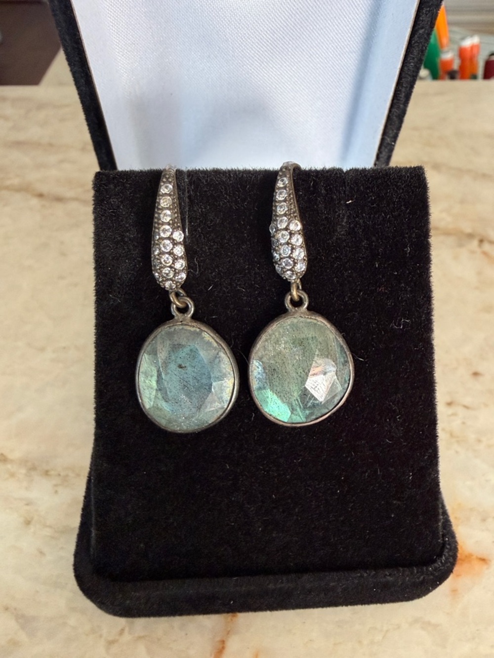 Faceted Blue Green moonstone Drop Earrings with Pavé Crystal gunmetal